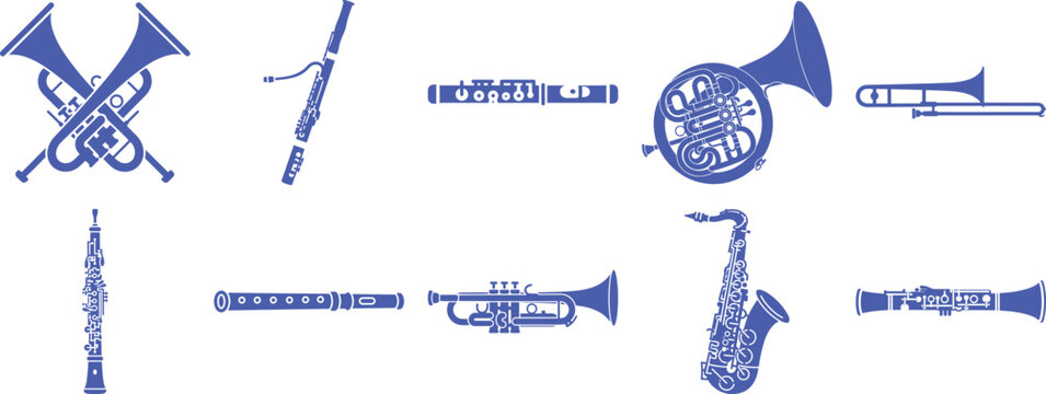 Various brass and woodwind musical instrument silhouettes in a purple pixelated style Vector, illustration