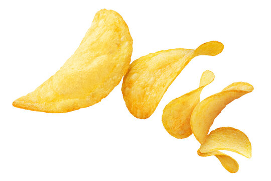 Falling potato chips forming dynamic composition in motion, isolated on cutout transparent background