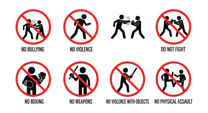Prohibition signs illustrating various forms of violence and aggressive behavior