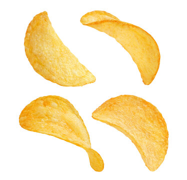 Set of delicious potato chips, isolated on cutout transparent background