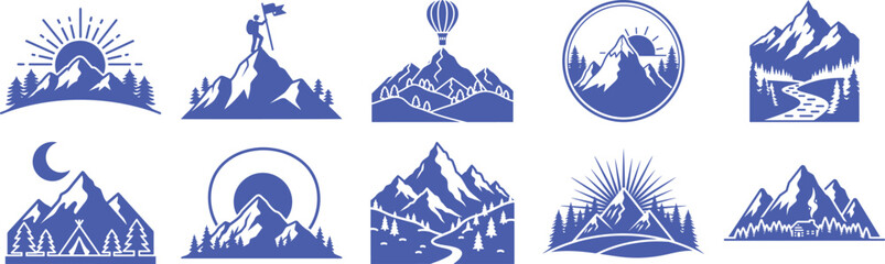 Fototapeta premium Collection of ten purple mountain landscape icons featuring peaks, forests, and sunbursts. Vector, illustration