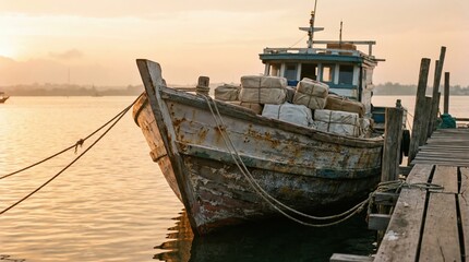 Obraz premium Old Wooden Fishing Boat Moored at Dock During Sunset