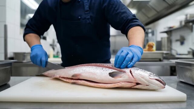 Professional chef preparing fresh whole fish on a cutting board in a commercial kitchen, highlighting precision, hygiene, and culinary expertise.