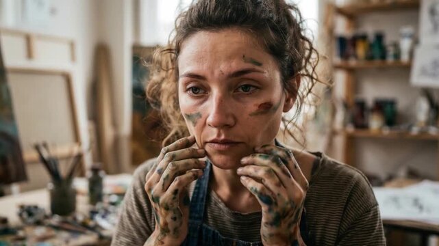 Portrait of a tired female artist with paint-stained hands and face, sitting in a studio, conveying emotional exhaustion and creative burnout.