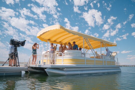 A group of people enjoys a sunny day on a yellow pontoon boat on a lake, with a film crew capturing the moment.