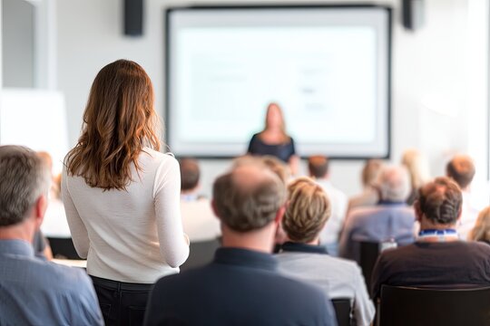 A woman presents to an audience in a modern conference room, showcasing a presentation on a large screen.