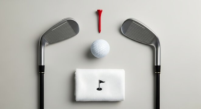 Flat lay of golf equipment including two clubs, a ball, a red tee, and a towel on a gray surface.