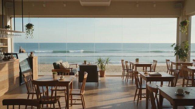 Bright seaside restaurant interior with wooden tables and chairs, large windows, and a panoramic ocean view creating a relaxed coastal dining atmosphere.