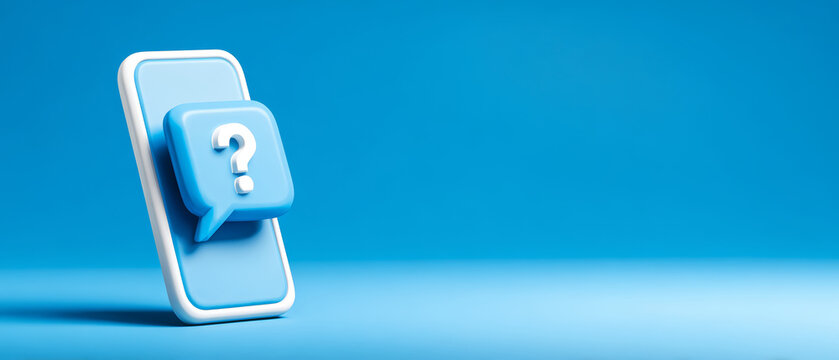 Mobile phone chat bubble online message question mark customer support blue background digital communication notification icon modern mobile phone