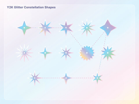 Y2K Aesthetic Holographic Glitter Constellation Shapes, Iridescent Starburst and Sparkle Vector Elements Set on Pastel Gradient Background