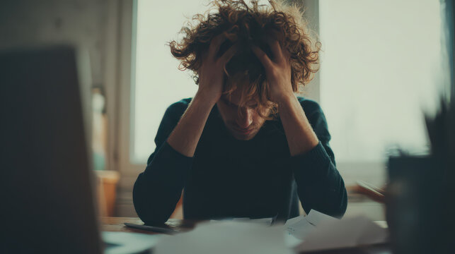 Workplace burnout and financial stress concept. An exhausted young man sits at a desk with a laptop and papers, burying his face in his hands, illustrating overwhelming workload and late night fatigue