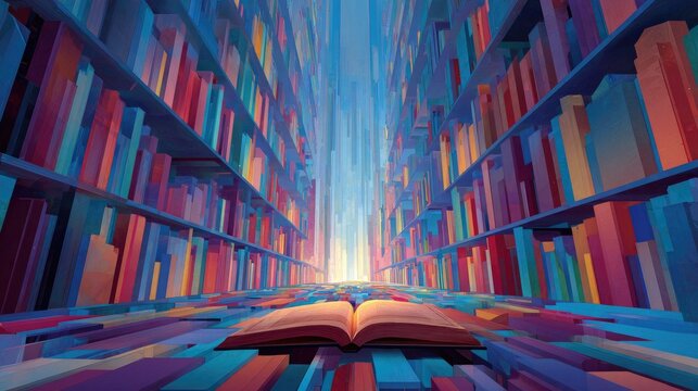 Magical Open Book Illuminating a Vast Library with Colorful Books.
