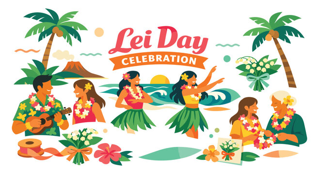 Aloha spirit and lei day festivities in hawaii. People dancing hula and wearing floral garlands on beach. Tropical island landscape with palm trees volcano ocean waves and colorful hibiscus flowers.