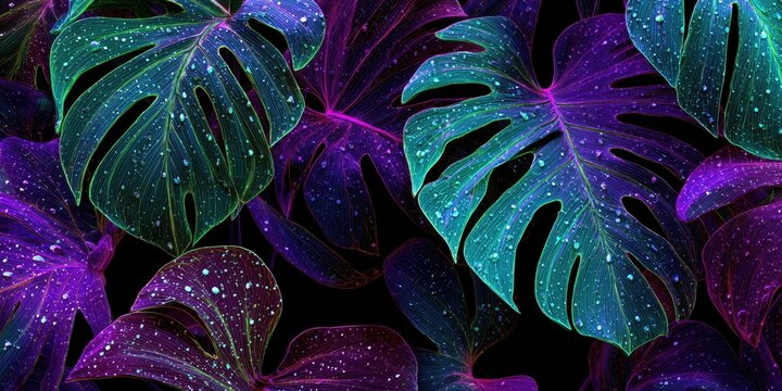 A vibrant and surreal composition showcases monstera leaves illuminated with neon hues against a stark black background, creating a captivating and otherworldly botanical display.