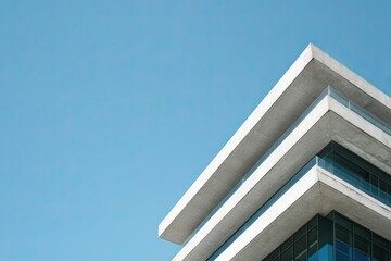 Obraz premium Modern Architectural Building Facade Against Clear Blue Sky.