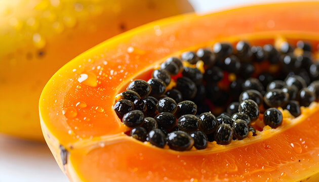 A close-up shot showcases a vibrant, halved papaya revealing its numerous black seeds, complemented by a partially visible whole papaya in the background.