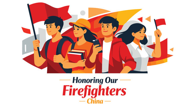 Group of active youth walking with red flags, books and mobile devices, colorful abstract geometric background, vibrant red and yellow theme, chinese youth appreciation, flat vector design.