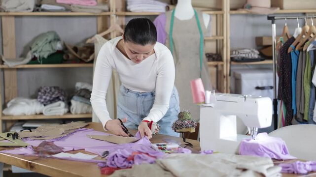 Positive young Asian tailoress cutting textile with scissors in sewing studio. High quality 4k footage