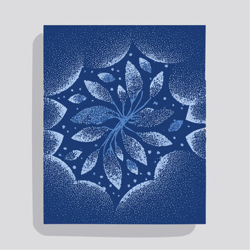 Cyanotype stipple graphic poster set collection. Overlay effect, deep blue color, flower det