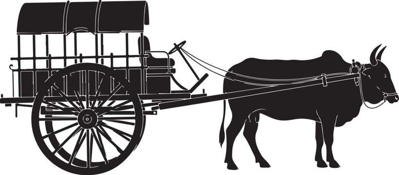 Black silhouette ox cart, vintage carriage, rural transportation, animal drawn vehicle
