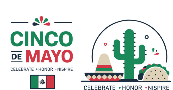 Cinco de mayo celebration graphic with cactus, sombrero, taco, and mexican flag elements.