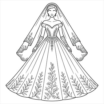Line of a bride in an off-shoulder gown with leaf embroidery