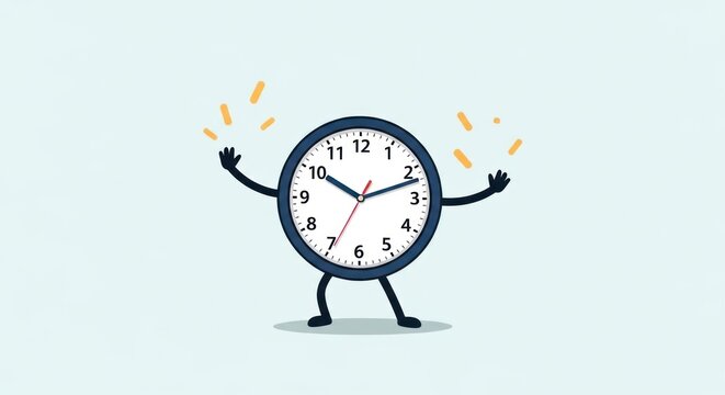 Happy cartoon clock character with arms raised in celebration