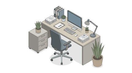 Naklejka premium Isometric Working Space Vector Illustration Modern Office Workspace Home Desk Setup Remote Work 3D Scene