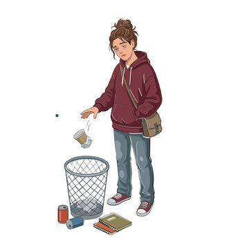 A young man in a red hoodie throws trash into a metal waste bin on the street.