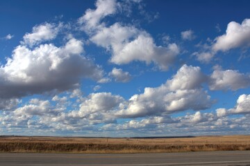 Obraz premium A wide-angle view captures a vast, grassy landscape beneath a brilliant blue sky filled with fluffy, cumulus clouds, with a paved road stretching into the distance.