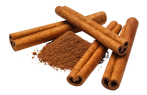 Cinnamon sticks with ground cinnamon pile showing rich texture and warm tones, isolated on cutout transparent background