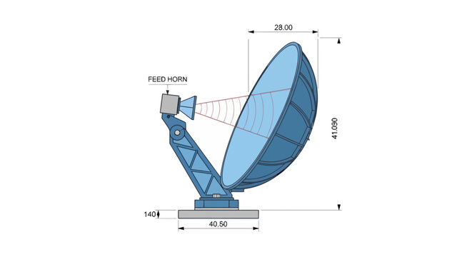 Satellite dish antenna illustration with dimension indicators in blue tones radio communication parabolic reflector used in broadcasting