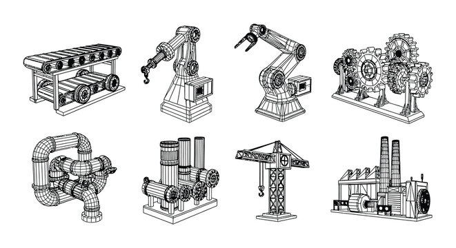 Industrial machinery and robotic arms illustrated in a technical blueprint style