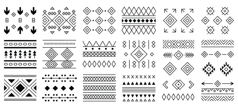 Aztec, Navajo borders set, Southwestern art symbols, geometric tribal patterns, native inspired ornament designs, ethnic decorative elements, vector illustration, traditional cultural motifs, flat 