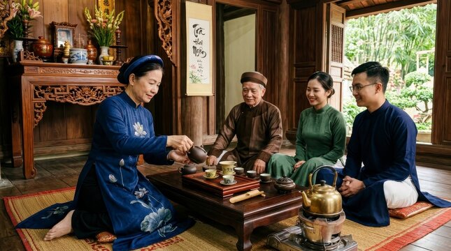 Vietnamese family in traditional attire enjoying tea ceremony indoors.