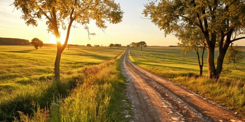 Fototapeta premium A rural dirt road stretches through green fields bathed in golden sunlight, framed by scattered trees under a clear sky at sunset.