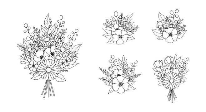 Flower bouquet line art with minimal outline petals, doodle stems, and small buds for greeting cards and stickers