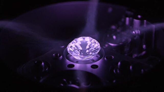 A sparkling, faceted gemstone bathed in ethereal purple light, possibly in a laboratory or display case