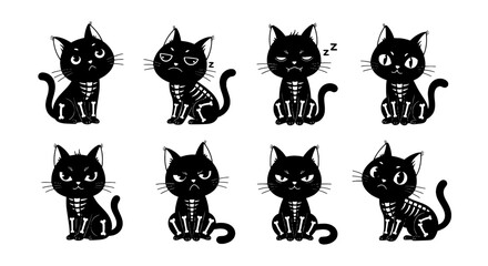 Obraz premium Cats cartoon doodle set with cute black kittens, whiskers, paws, and dreamy sleeping mood for stickers and kids design