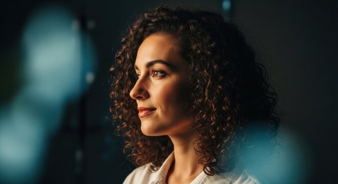 Portrait of a confident woman with curly hair looking away.