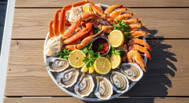 Seafood Platter with Crab Legs Shrimp and Oysters.