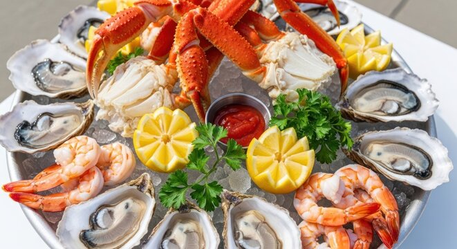 Seafood platter with crab oysters shrimp and lemon.