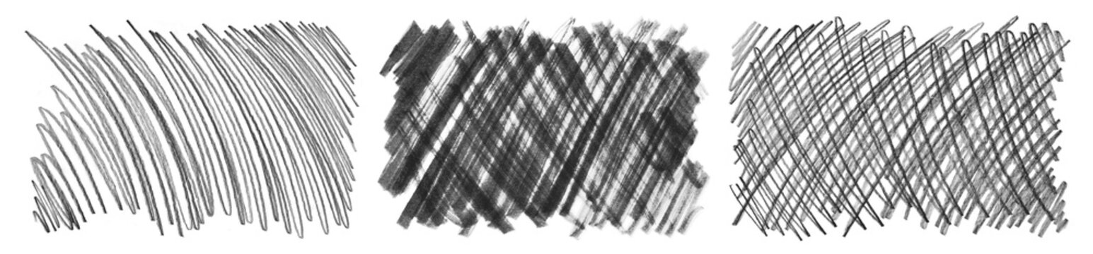 Set of white chalk scribble textures with crosshatch shading and rough strokes, isolated on cutout transparent background