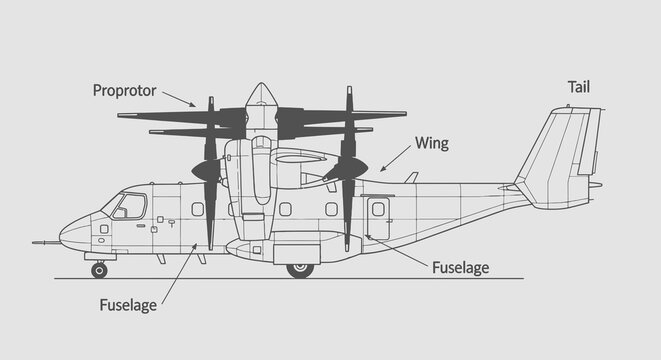 Military v-22 osprey aircraft vector illustration with proprotors wing fuselage and tail in gray schematic design for informational use