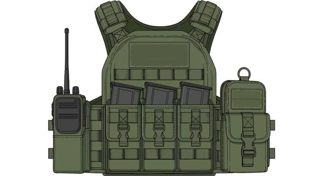Olive green tactical vest with pouches holding magazines and radio combat gear illustration security equipment design element