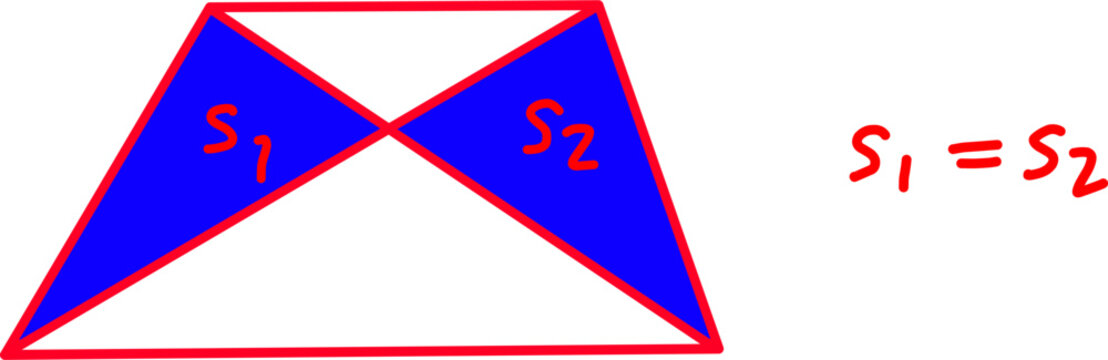 Geometric illustration of a trapezoid split into two equal triangular regions labeled S1 and S2, demonstrating area equivalence and symmetry in math.