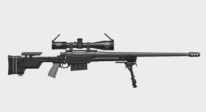 Sniper rifle with scope and bipod on neutral backdrop military-grade long-range weapon for precision shooting monochrome illustration