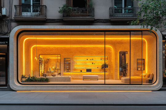 Long Showcase and Automatic Doors on a Barcelona Commercial Facade
