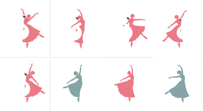 Set of ballerina dancer silhouettes in elegant poses featuring graceful movement and classical ballet performance in minimal flat style illustration