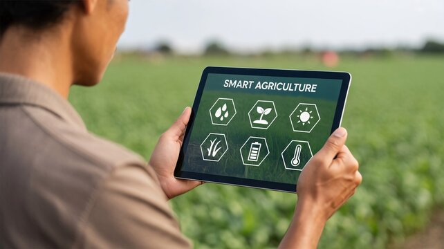 Smart agriculture, sustainable farming, technology in agriculture, farmer using tablet